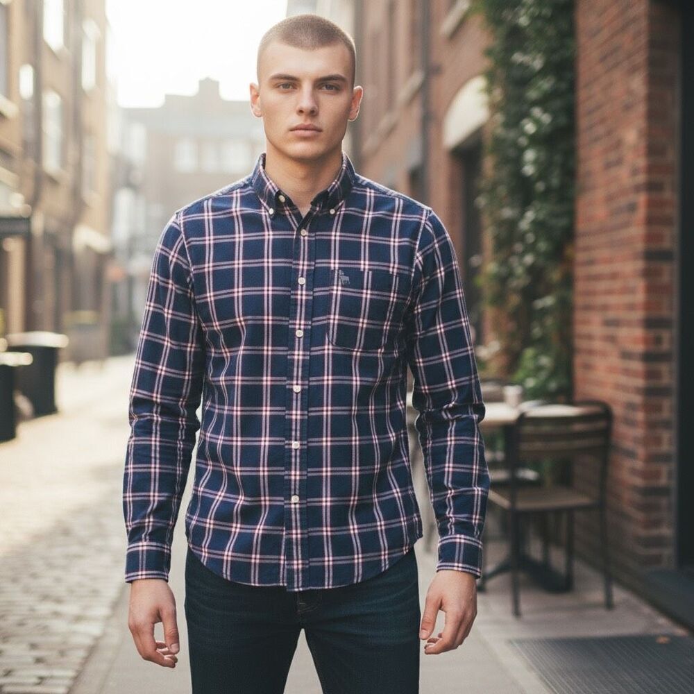 Abercrombie & Fitch Men’s Plaid Long Sleeve‎ Navy Blue Shirt Large